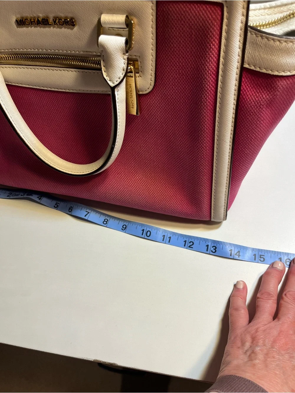 Michael Kors Pink Canvas White Leather Trim Satchel Bag